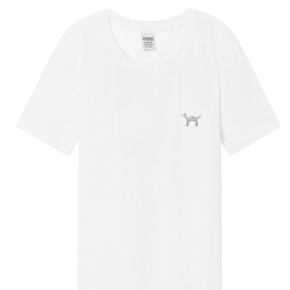 Victoria's Secret PINK Campus Short Sleeve Tee White Shine Medium NEW - Picture 2 of 2